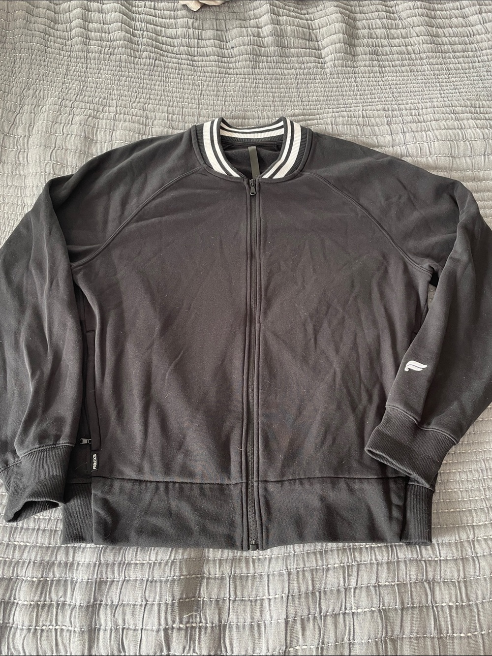 Fabletics Black Full-Zip Bomber Jacket with Stripe Collar
